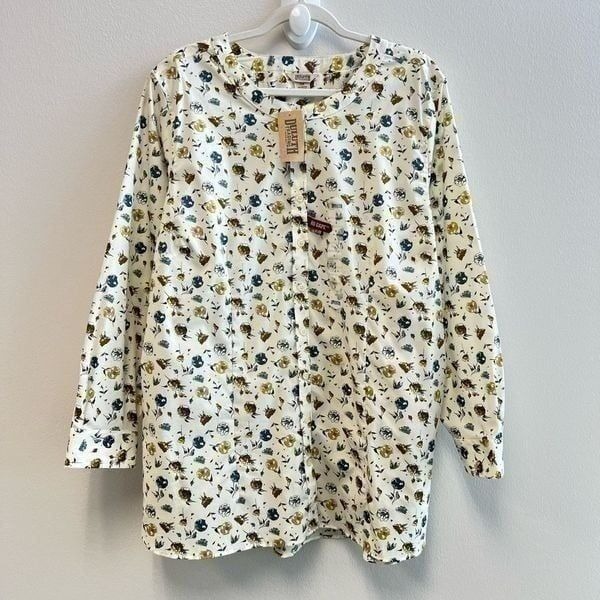 Duluth Trading 1X New Top Tunic Floral Wrinkle Fighter Cream Long Sleeve Blouse