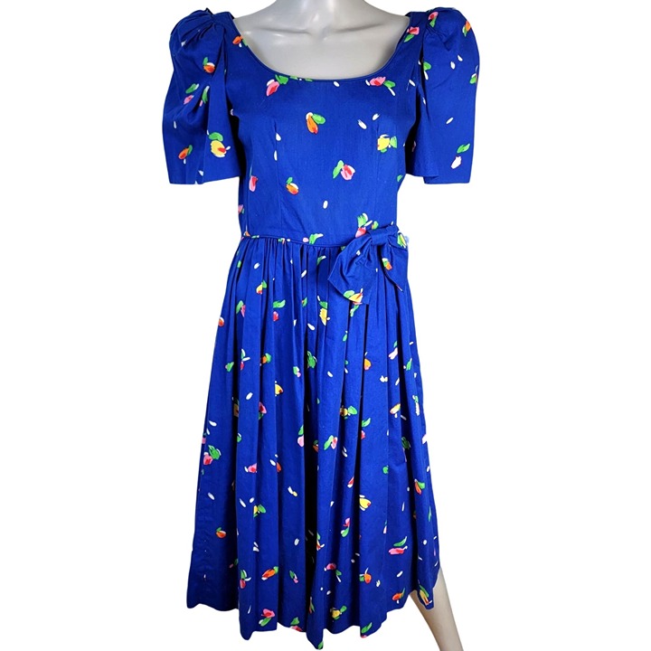 Vintage 80s Midi Dress Women 8 Blue Colorful Floral Puff Sleeves Fit & Flare Bow