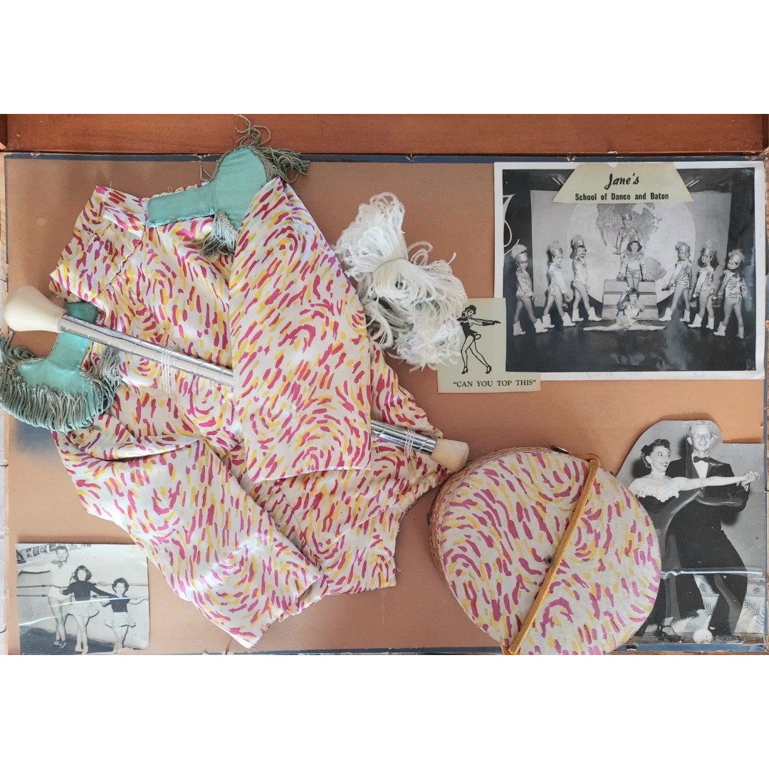 Vintage 1949 Girls Baton Recital Outfit - LS Bodysuit, Hat, Baton & Photos