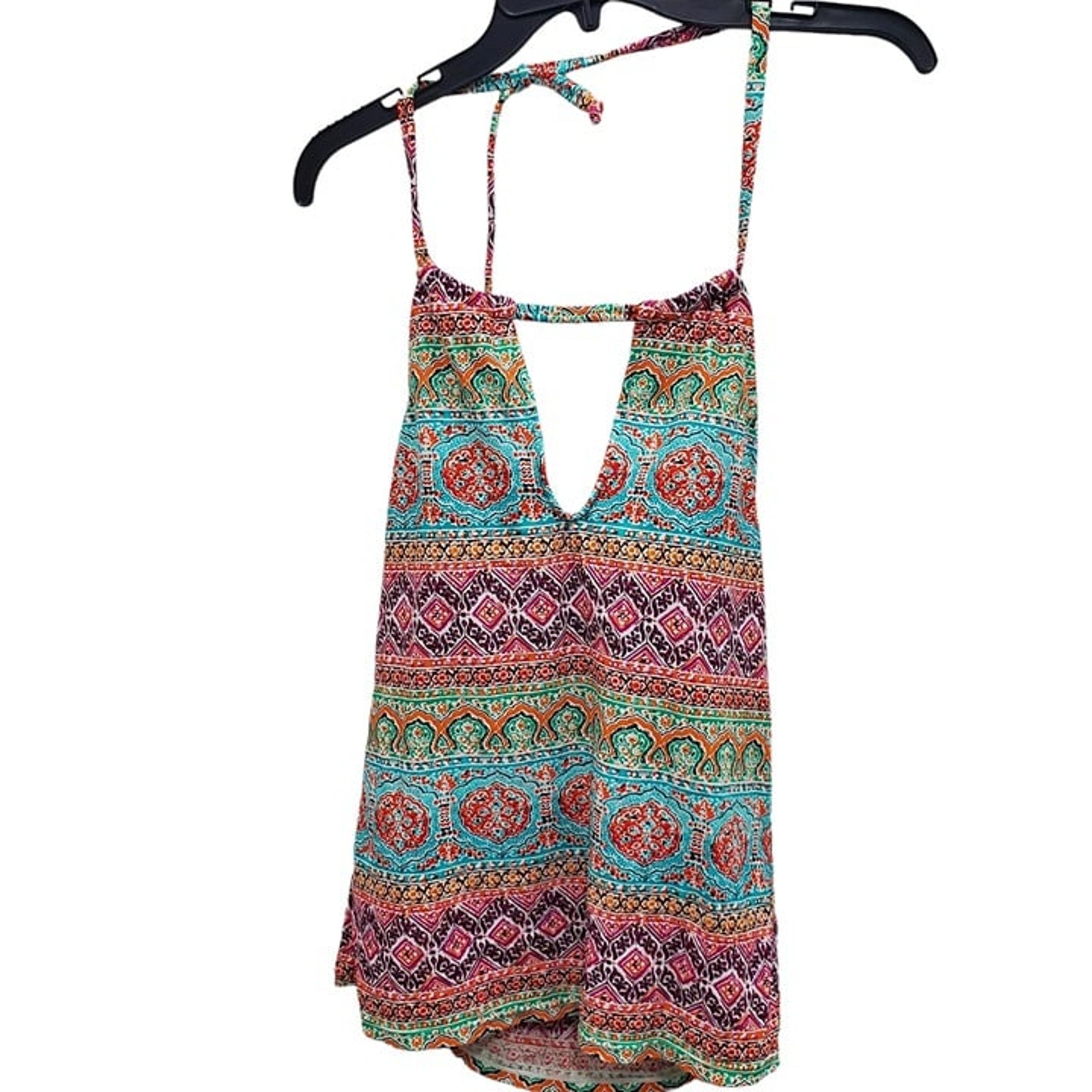 Chaps Women's Multicolor Boho Ikat Keyhole Swim Halter Tankini Swim Top Sz 12