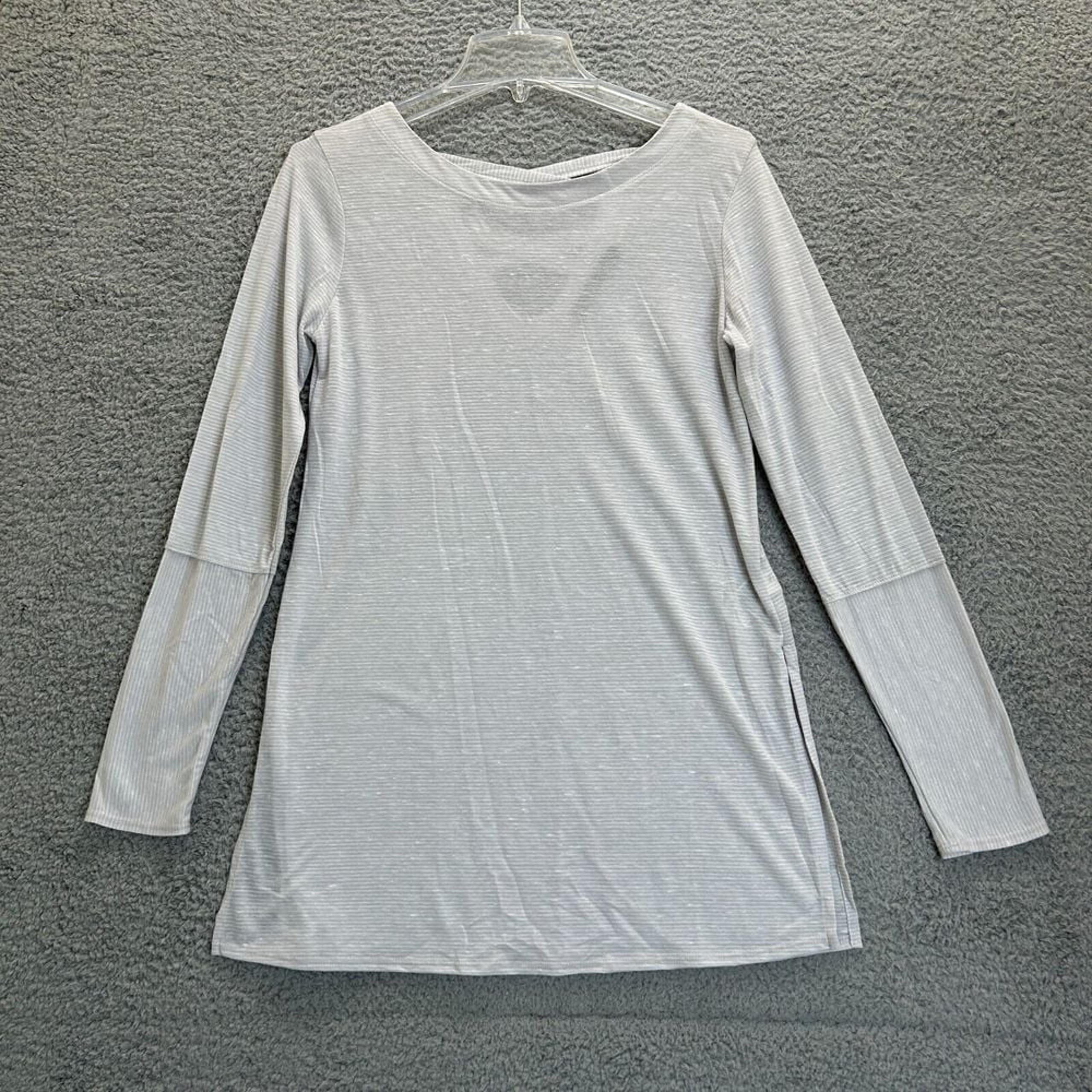 Prana Esme Shirt Womens Small Titanium Gray Stripe Tunic CrissCross Back Slit