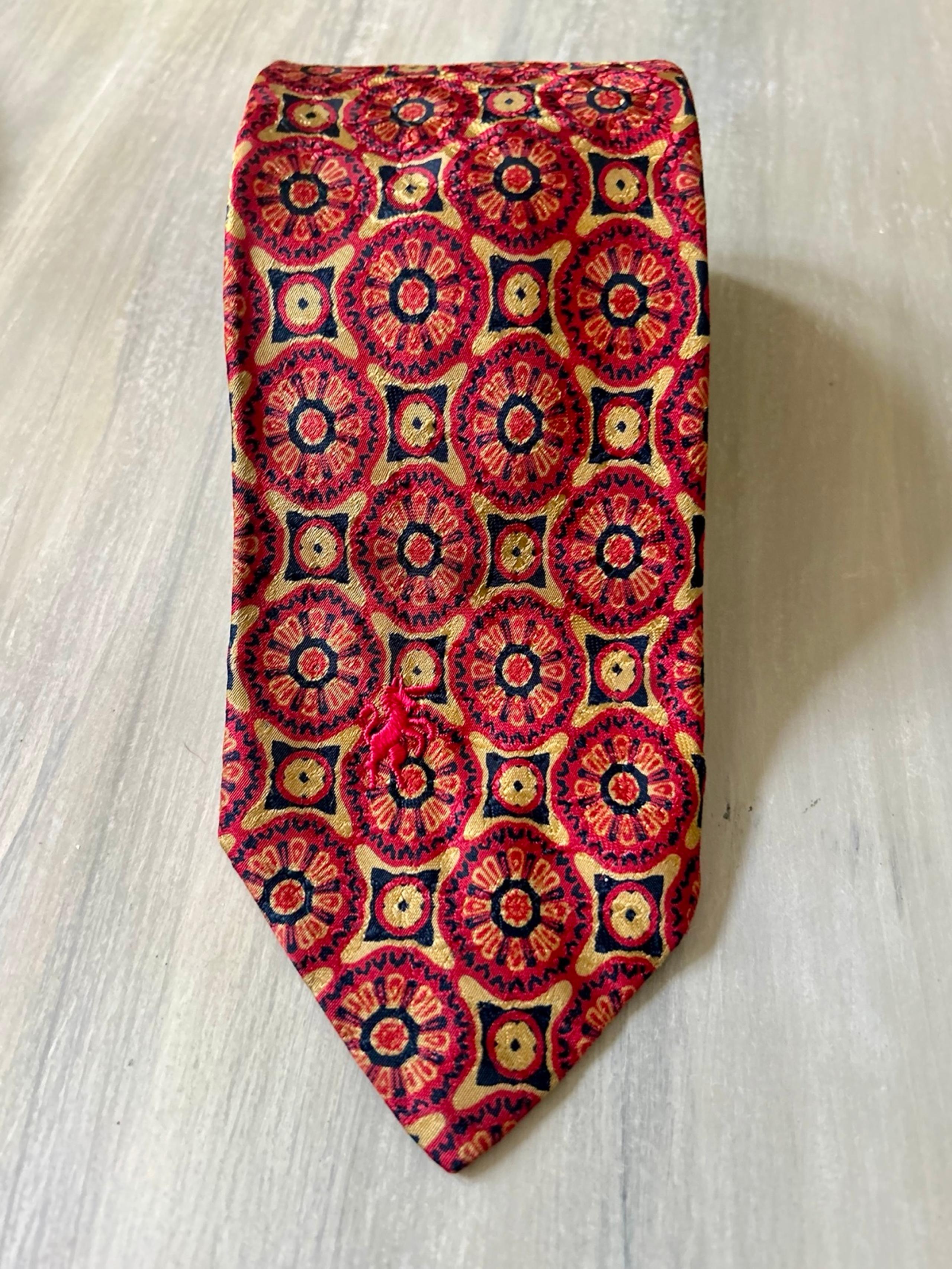 Bronzini necktie geometric pattern red, gold, & black w embroidered logo