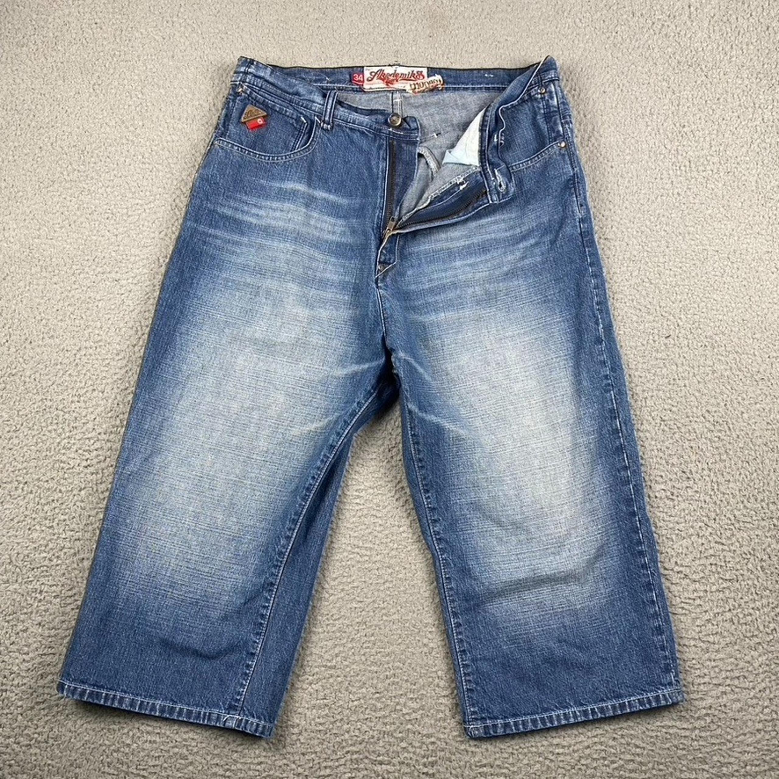 Vintage Akademiks Men's 34 Blue Medium Wash Denim Capris Shorts Baggy Pocket Y2K