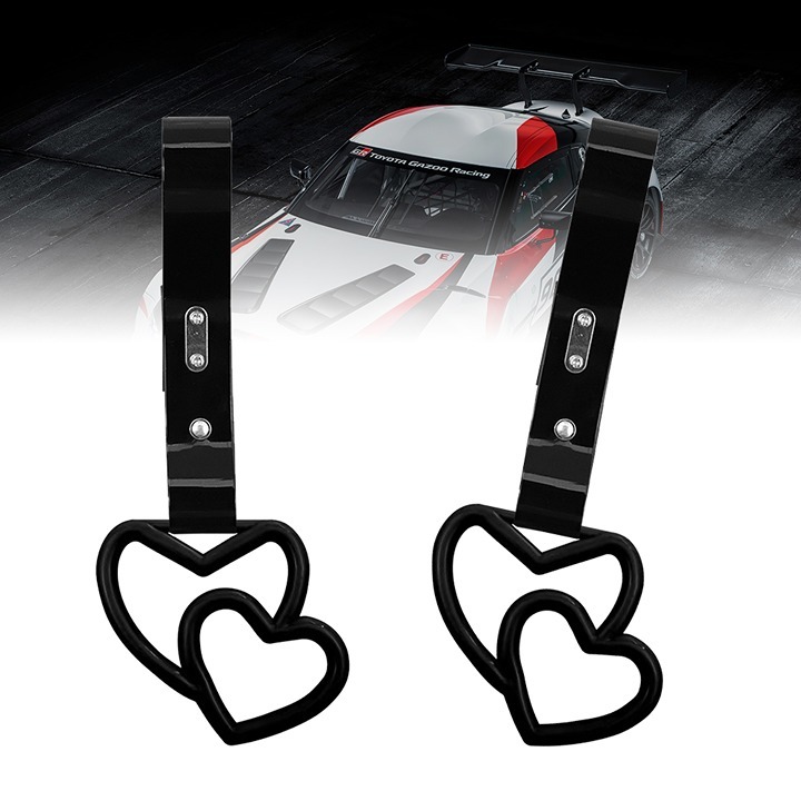 NEW 2PCS DOUBLE LOVE HEART BLACK JDM TSURIKAWA RING Black Handle Strap Drift