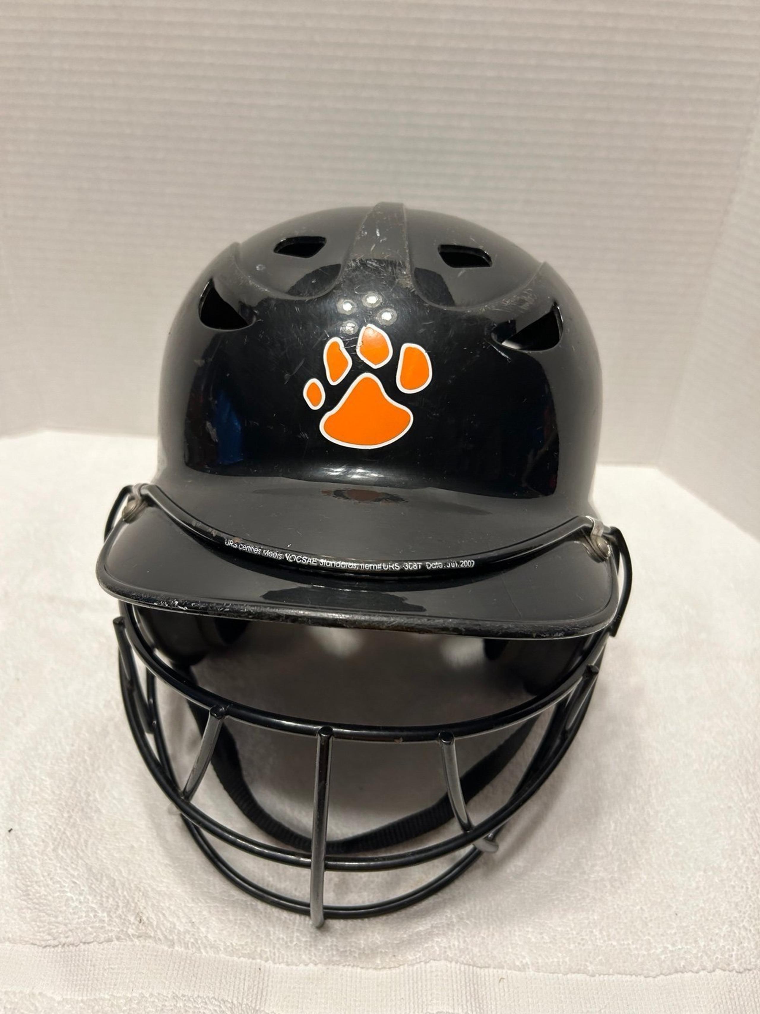 This black helmet with face guard orange paw print on front and on the back it