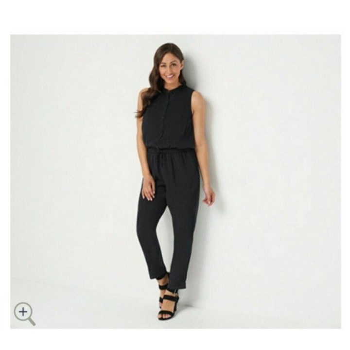 Side Stitch Sleeveless Jumpsuit M with Tie Waist Black Woman's sz 10-12 154.25