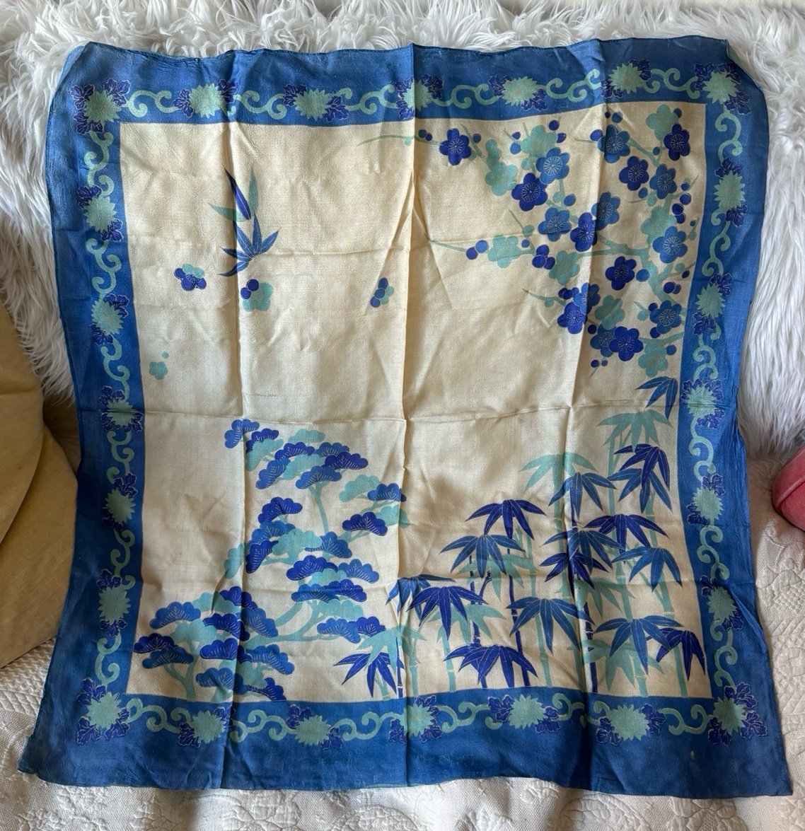 Vintage Japanese Silk Scarf + Handkerchiefs (2) – Blue & Beige
