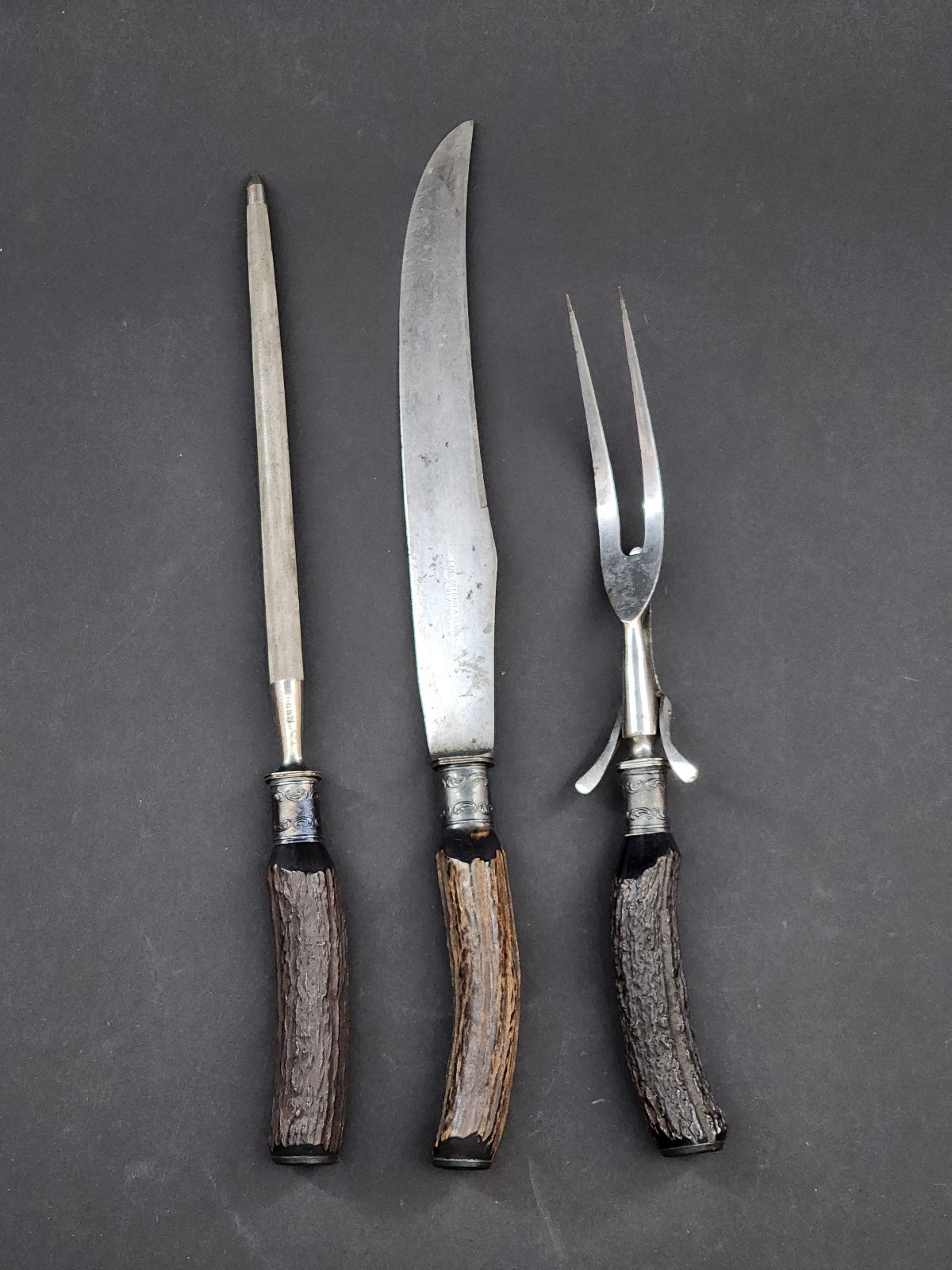Vintage Three Piece Stag Handle Sterling Ferrule Carving Set Landers Frary Clark