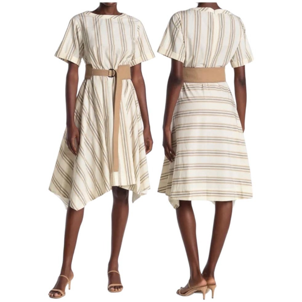 Brunello Cucinelli NWT Striped Handkerchief Hem Dress NO BELT Size M 100% Cotton