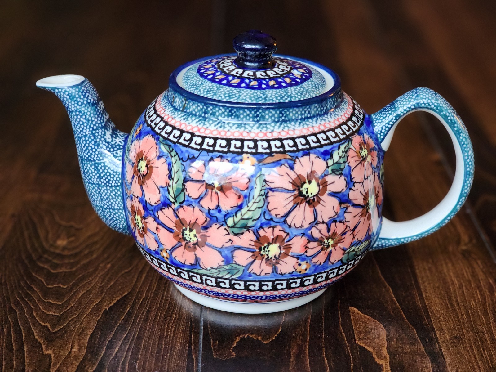 Unikat Polish Pottery Teapot Floral GardenPattern Blue Orange Signed Art Pottery