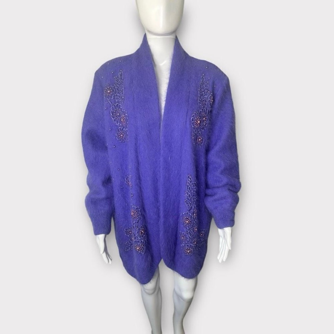 Vintage Natasia Angora Collection Cardigan Large Rabbit Hair Embroidery Sweater