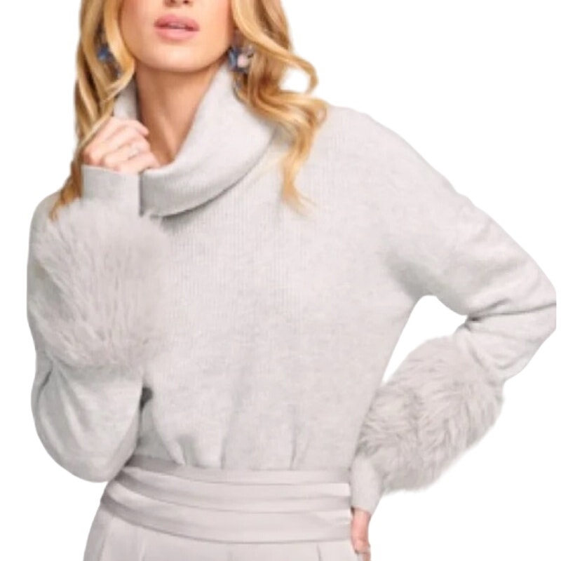 Ramy Brook Sistene Faux Fur Trim Cowl Neck Sweater Pullover Cream Women's Medium