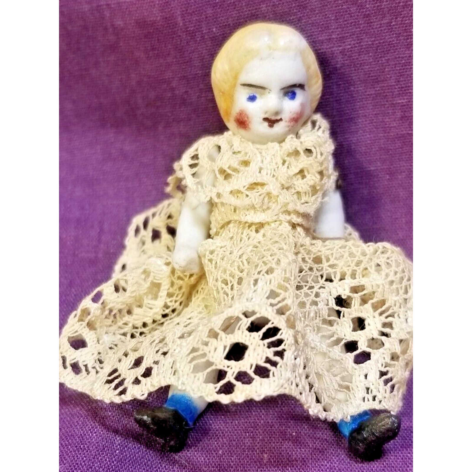 Tiny bisque Doll Moveable Arms & Legs antique Marked Crochet Dress Handpainted