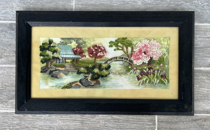 Vintage Crewel Art Framed Asian Chinoiserie Wall Decor