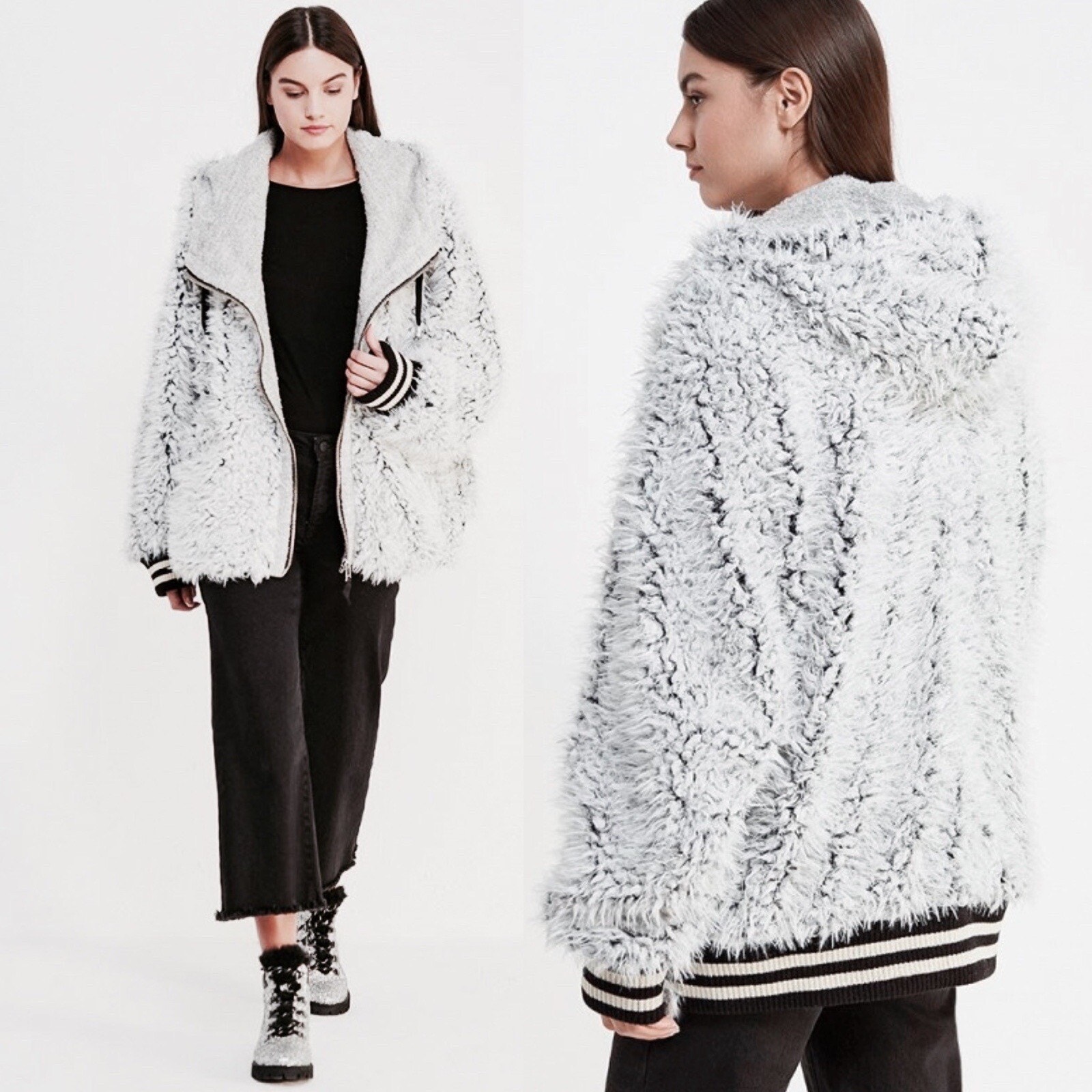 Free People Fluffy Dolman Jacket Gray Faux Fur Hoodie Full Zip Sz XS