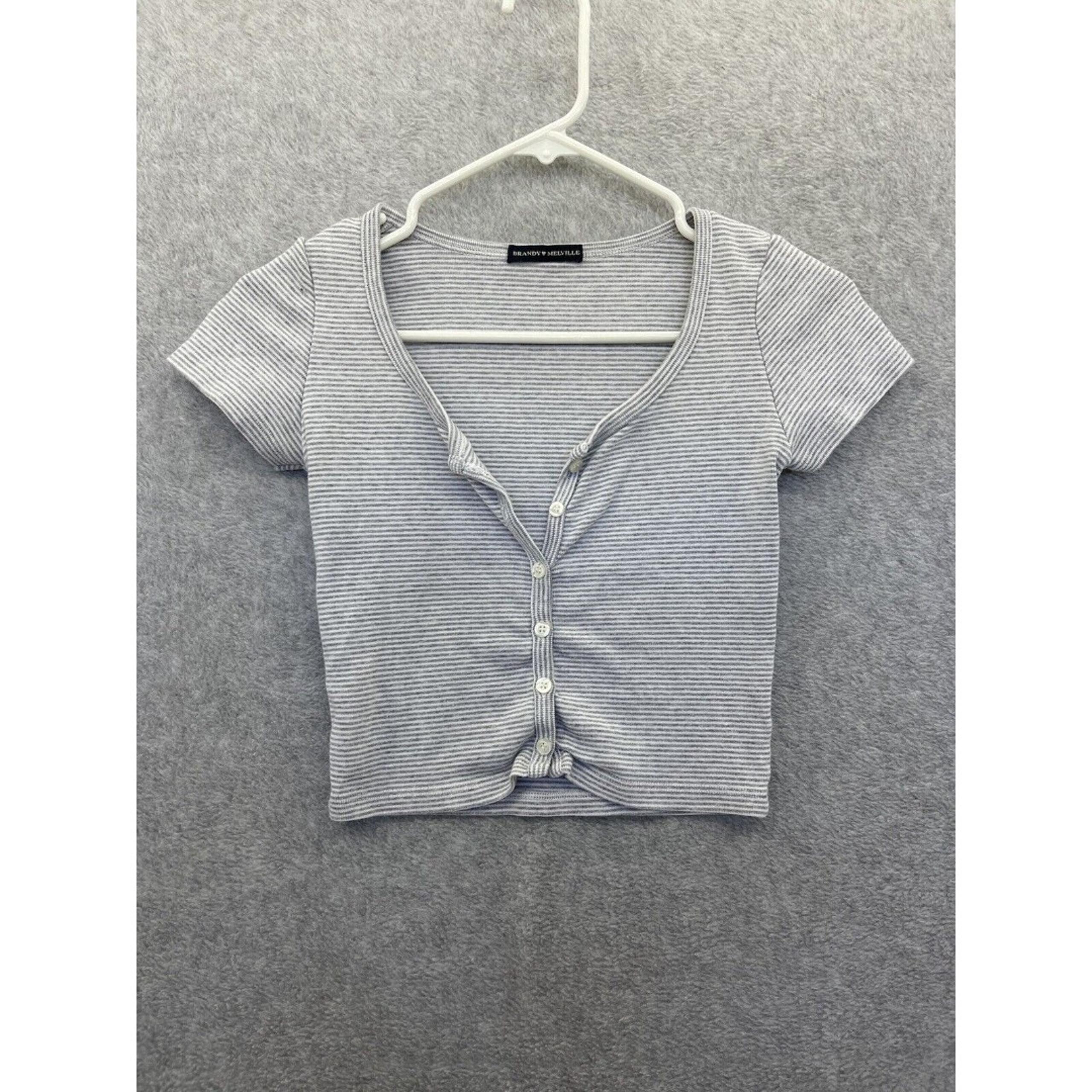 Brandy Melville Women's Cropped top Button down Short Sleeve Striped Gray White