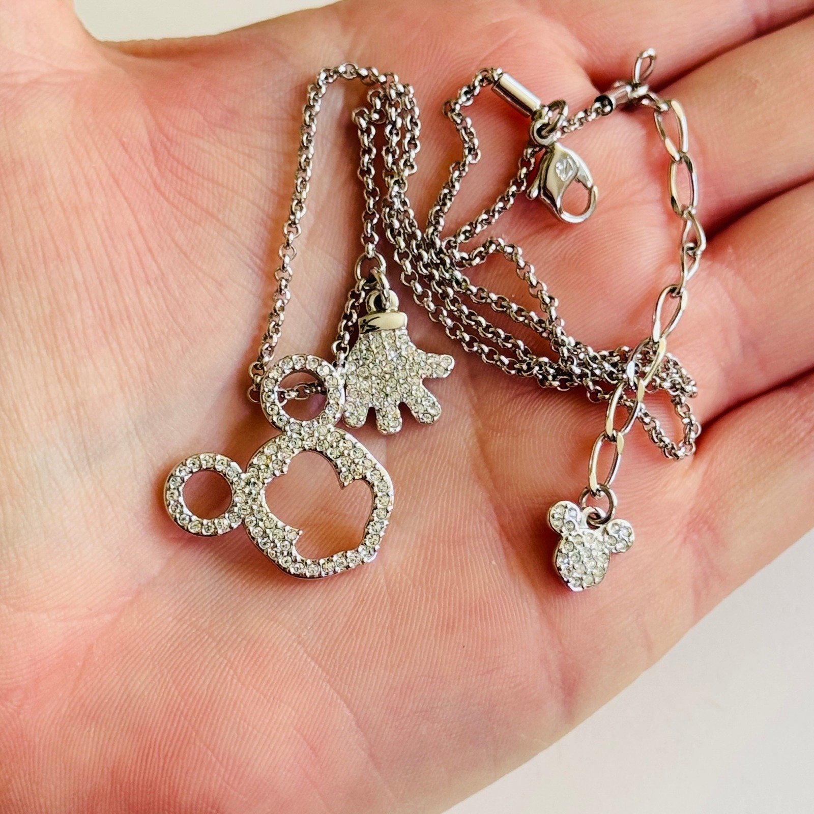 Swarovski Mickey Mouse glove necklace Signed Crystal Silver Retired High End