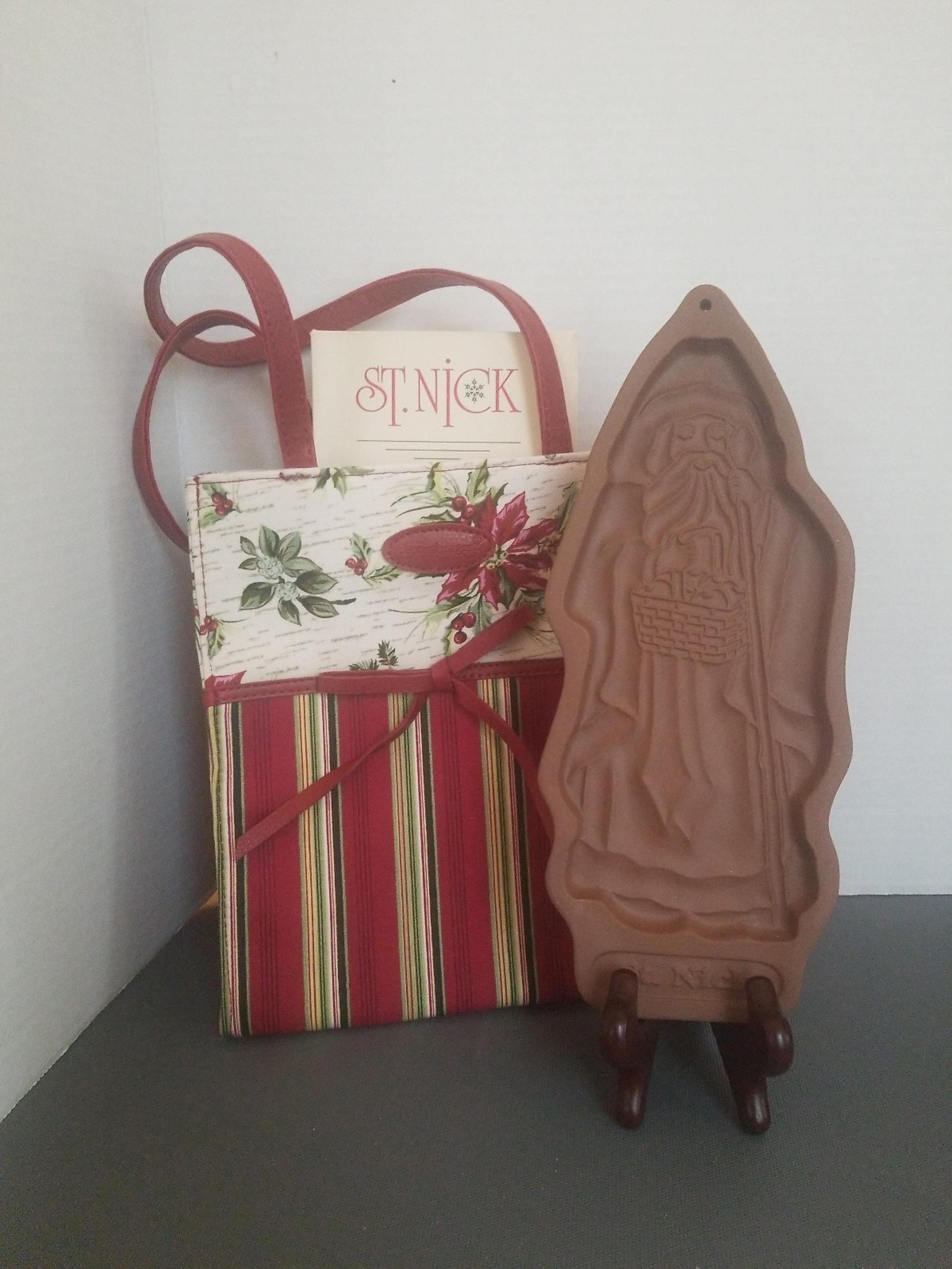 1993 Longaberger Pottery St. Nick Cookie Mold and Hoilday Tote