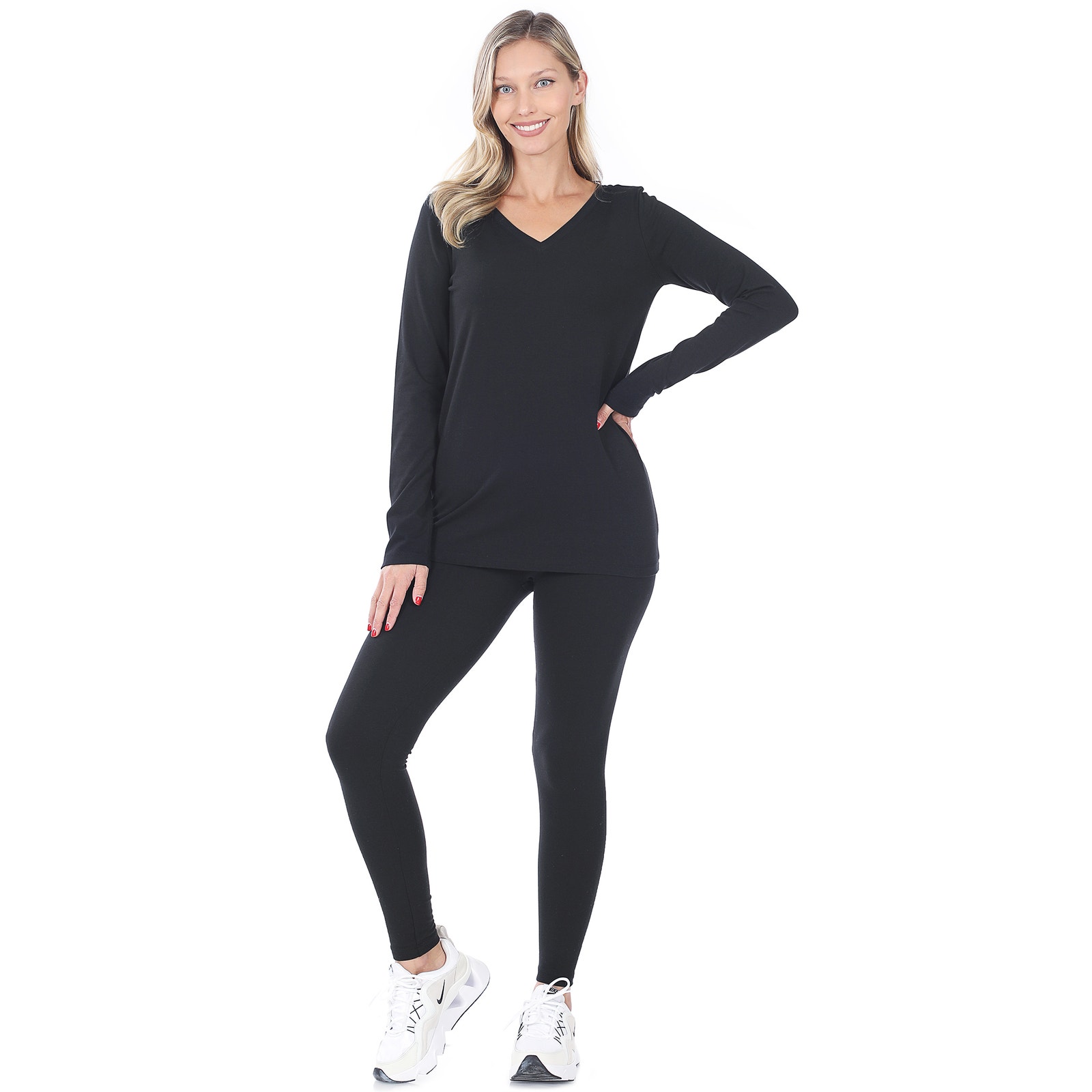 Zenana Womens Cotton V-Neck Top and Leggings Set-Charcoal (Small)