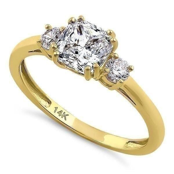 Solid 14K Yellow Gold Cushion Cut Triple CZ Engagement Ring Size 6 New