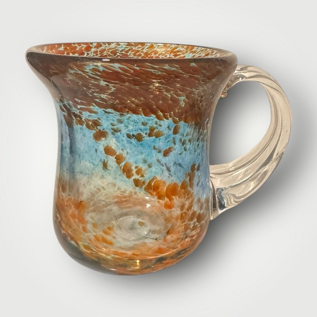 Vintage Hand Blown Art Glass Coffee/Tea Mug Blue Swirl & Brown Speckled