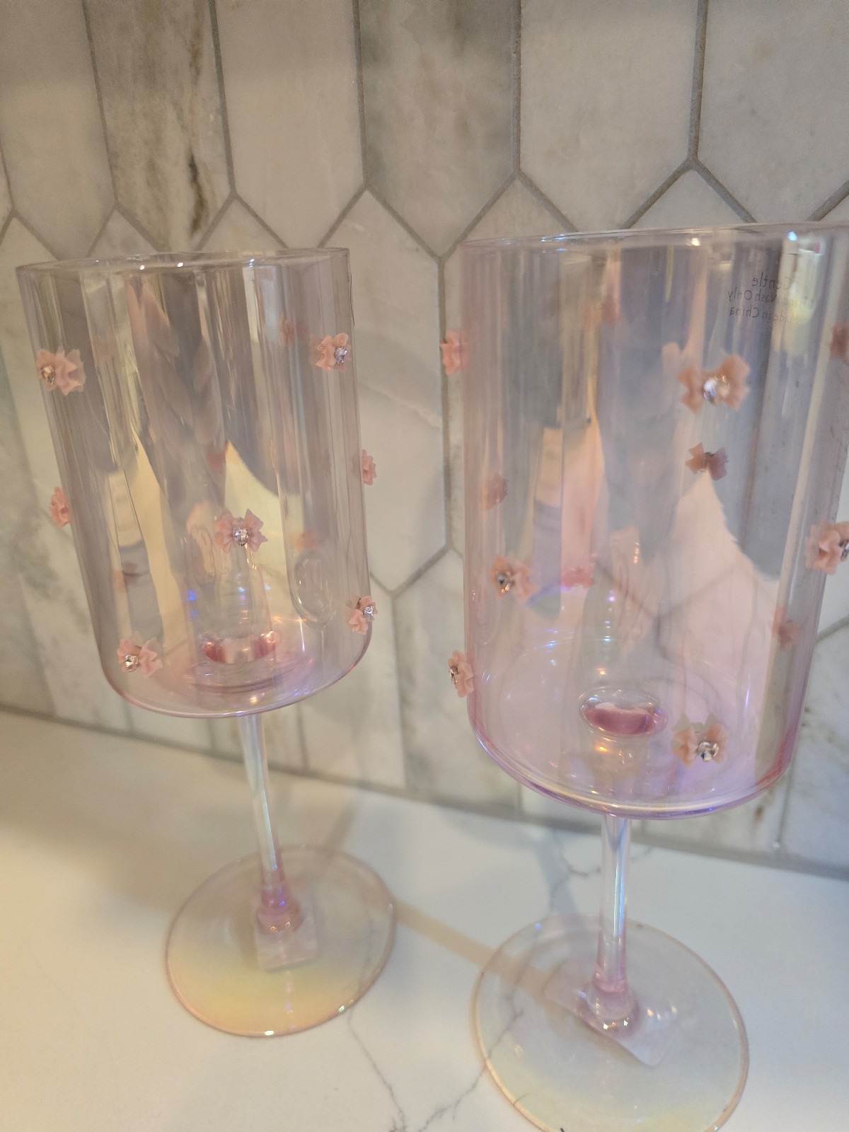 Pink Bow Wine Glasses Coquette Champagne Gem Hearts Stem Viral Set of 2