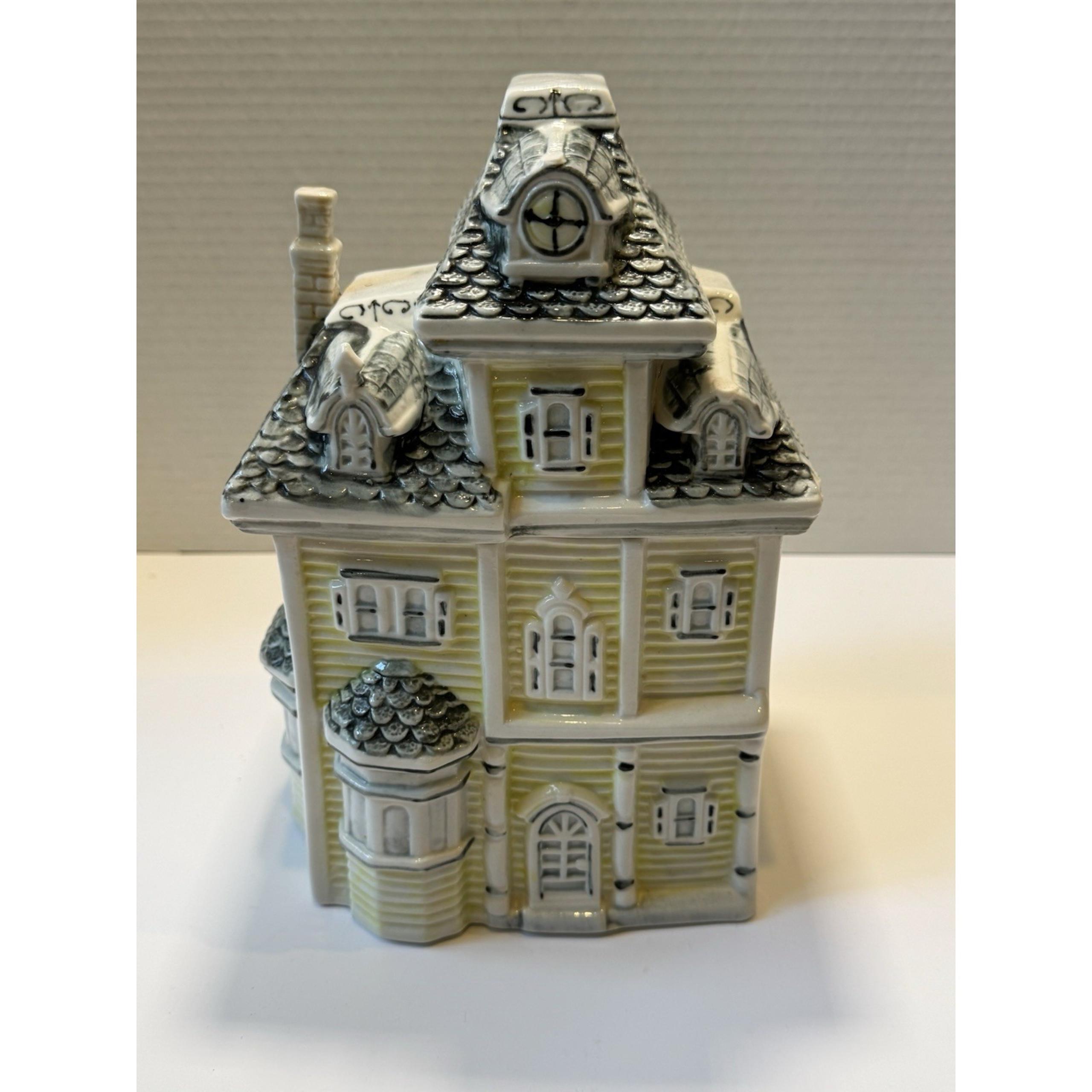 Vintage Ceramic Victorian House Cookie Jar Canister Yellow Gray 10"