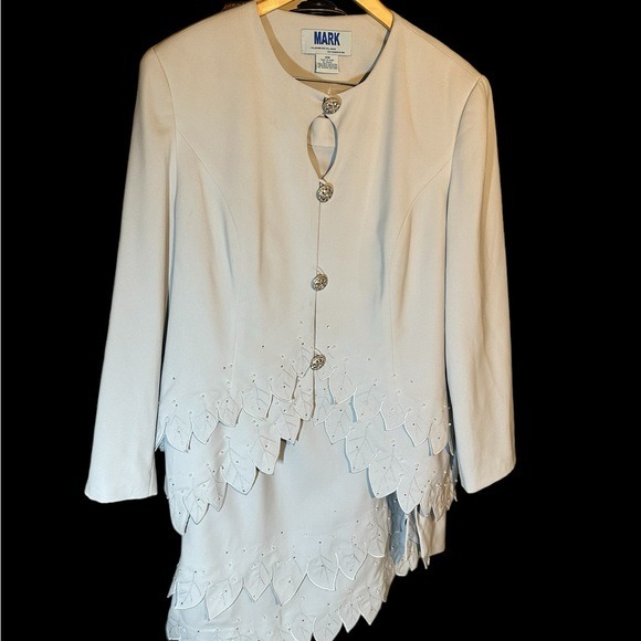 Mark Skirt Suit. Sky Blue scalloped trim jacket and skirt - Plus Size 18