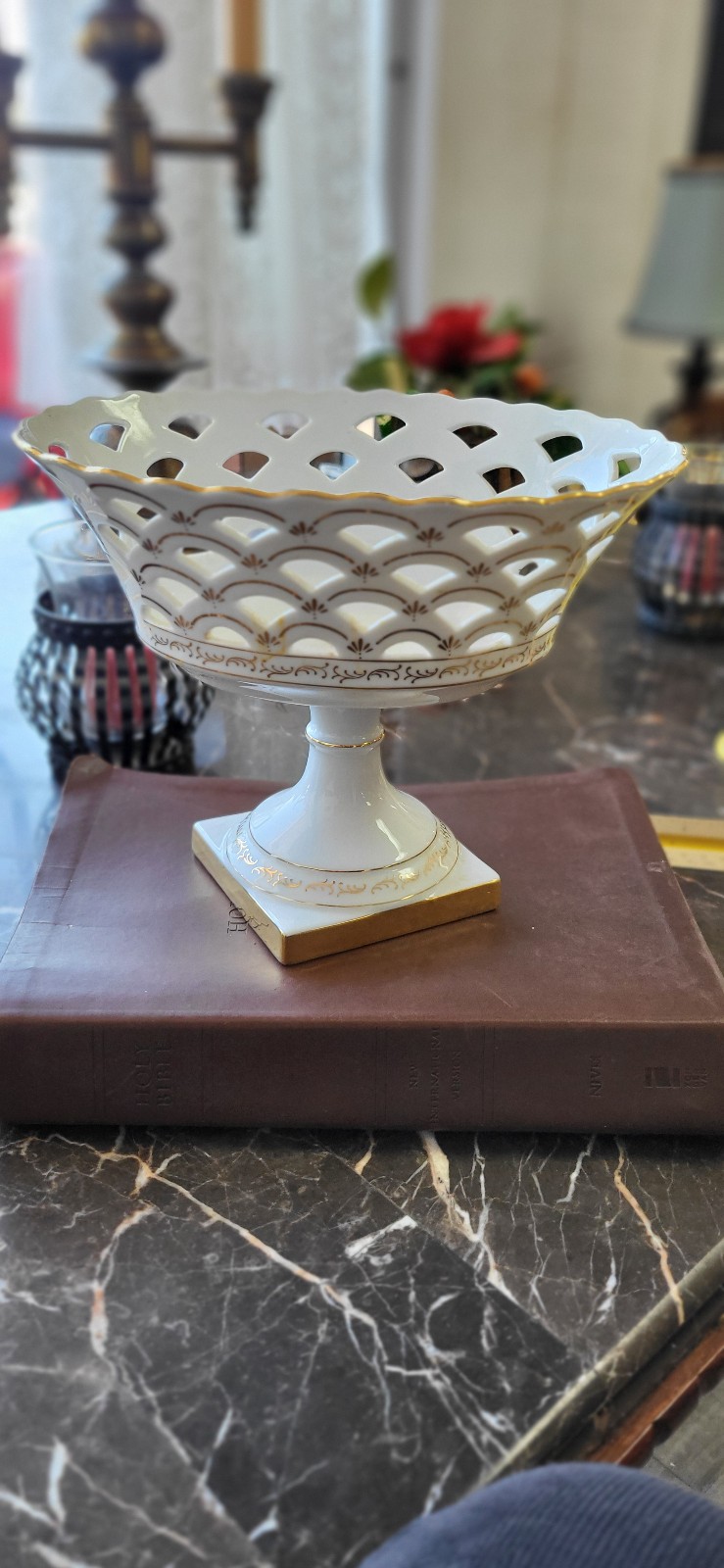 Paris-Style Porcelain Navette Form Reticulated Compote, Oval, Gold Accents