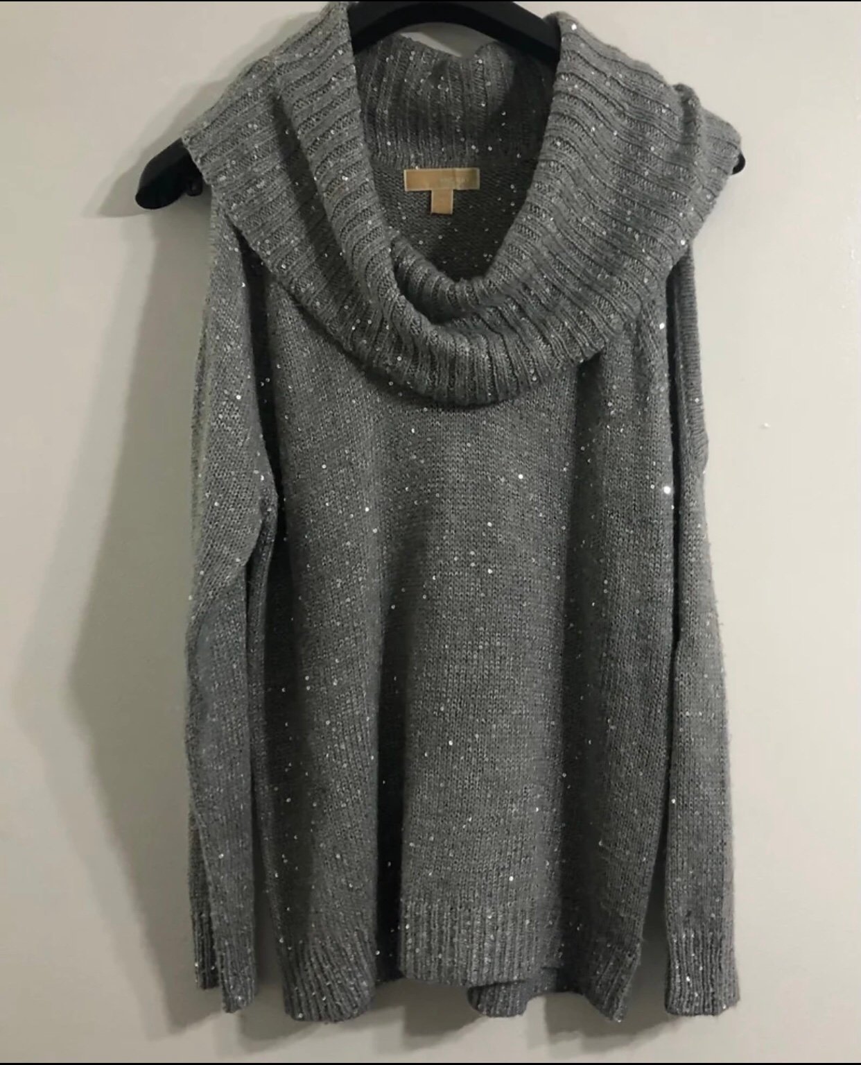 Michael KORS women’s elegant sequins knit sweater neck Ruffle gray.XL .