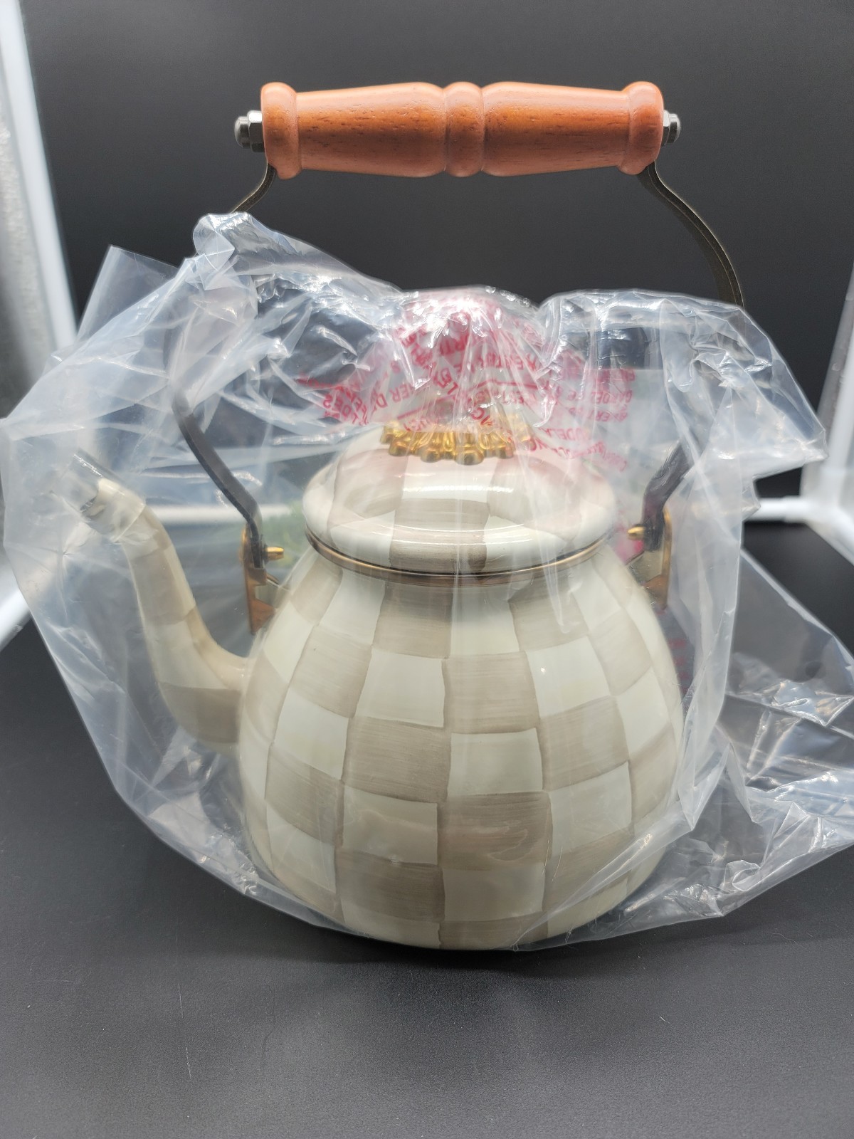 Brand New MacKenzie Childs 2 Quart Mocha Check Tea Kettle