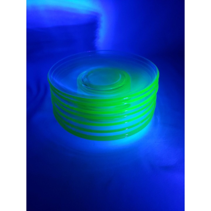 Uranium Glass Saucers 5.5 Plates Set Of 8 Glows Vintage Depression Glass