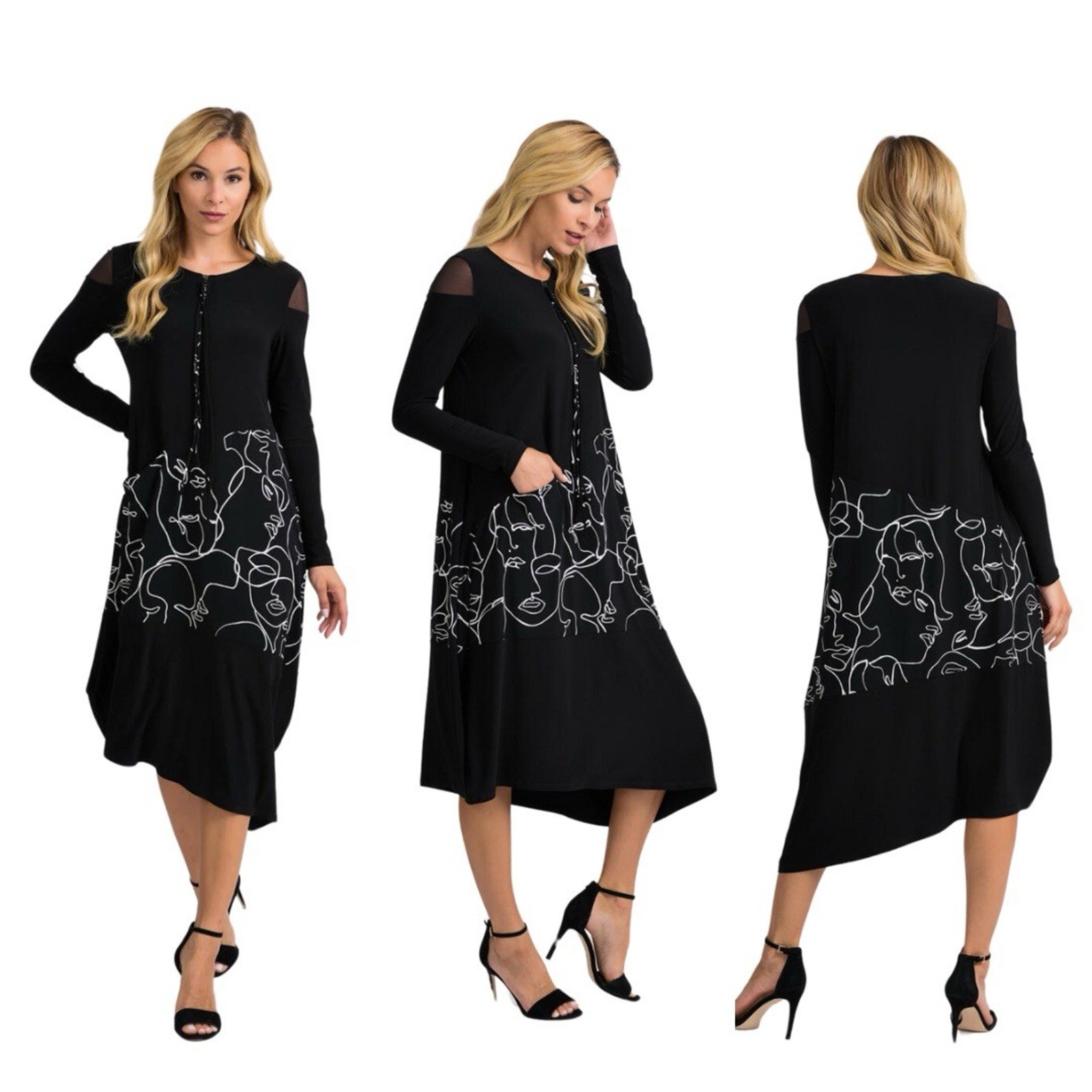JOSEPH RIBKOFF Asymmetric Hem Zip Front Dress Size Measures XXL Black Knit