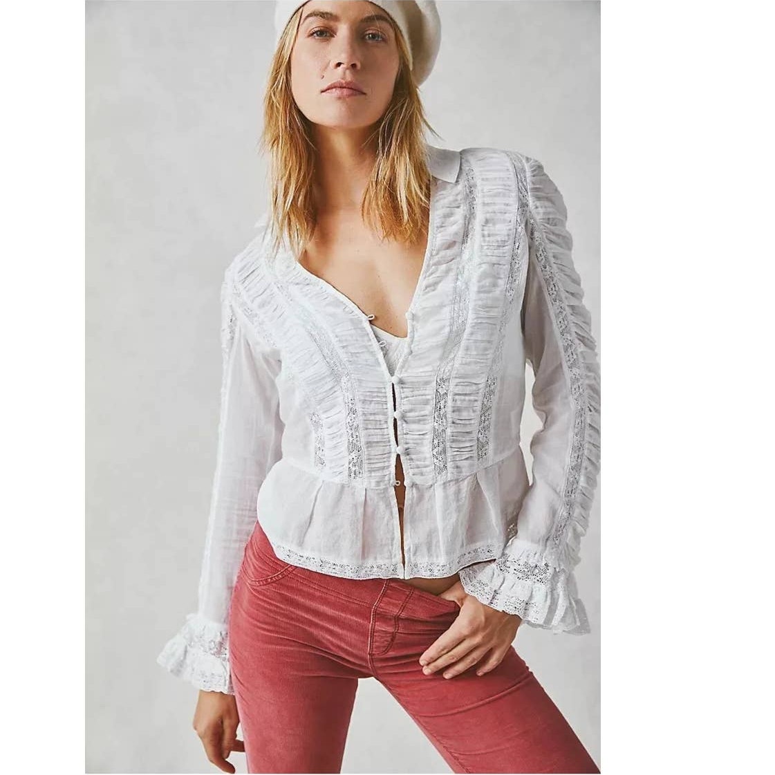 New Free People Penelope Long Sleeve Lace Adorned Blouse 168 SMALL Ivory
