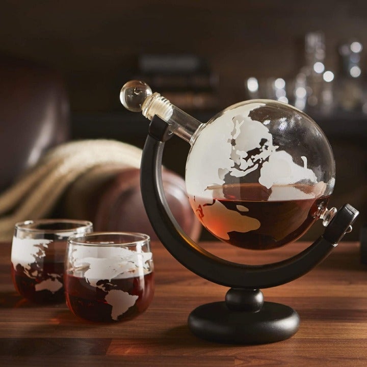 Hammer + Axe Whiskey Decanter Set, Globe-Shaped Storage with Stand, 2 glass
