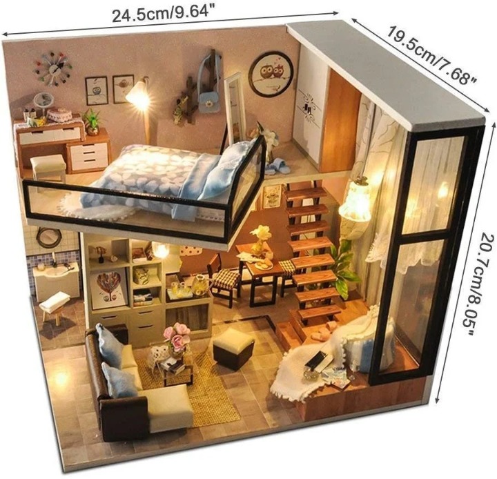 DIY Dollhouse Kit with Dust Proof Cover 1:24 Scale Wooden DIY Miniature Dollhous