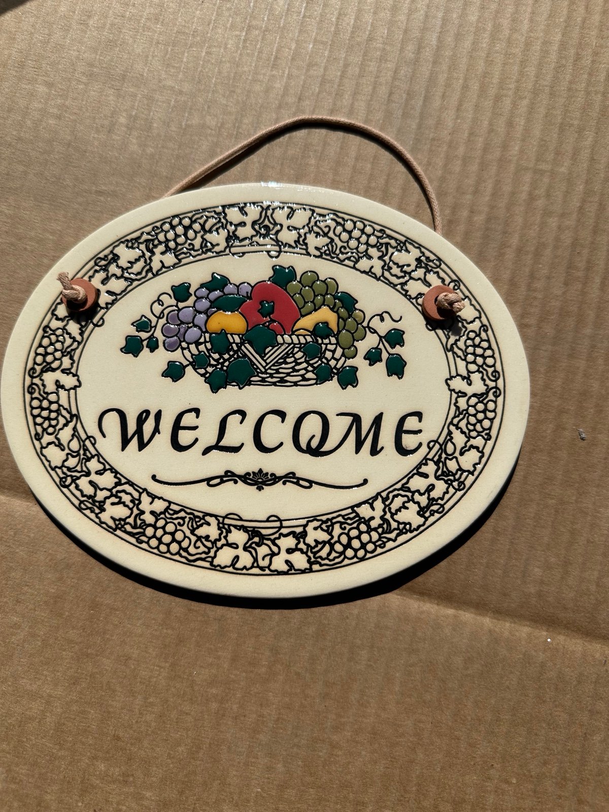 Vintage Trinity Pottery Welcome Sign Plaque Wall Decor Fruit Basket House Warmin