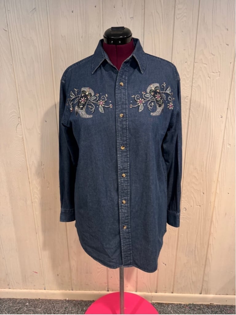 Christine Alexander Vintage Denim Embellished Western Style Shirt L Blue