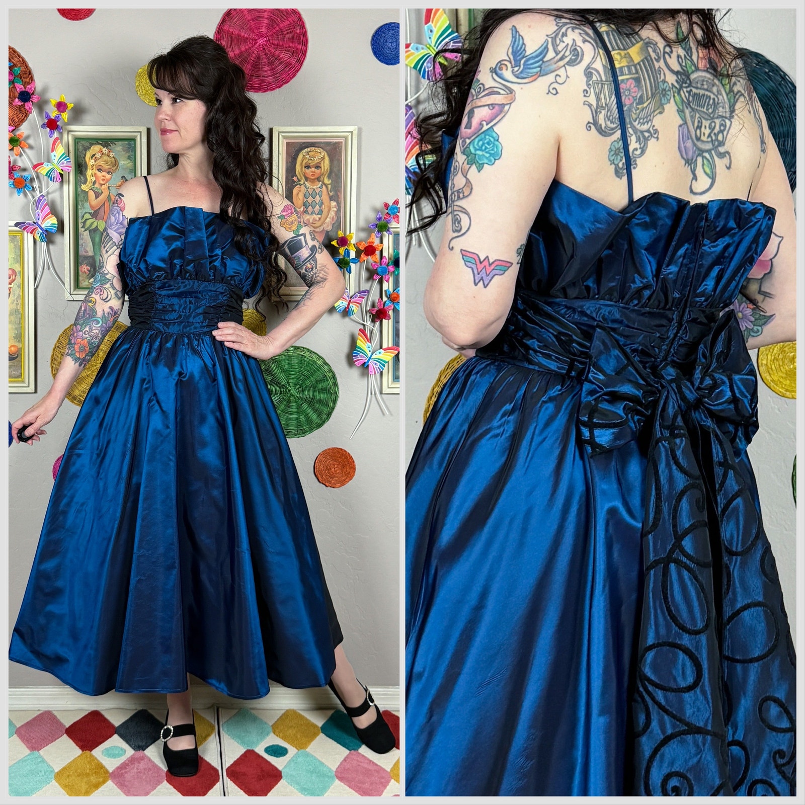 Vintage 1980s Iridescent Blue Taffeta Fit and Flare Prom Dress