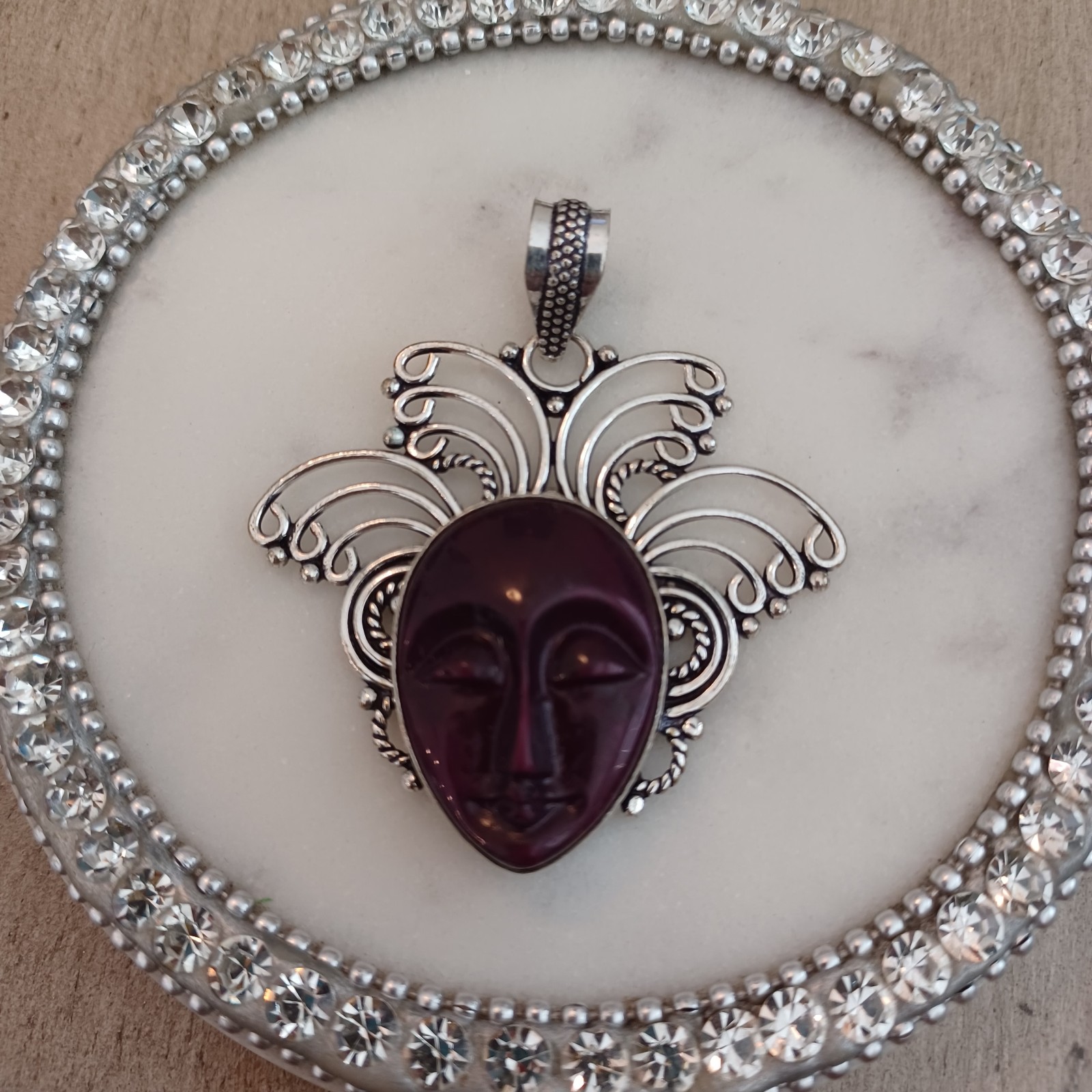 Purple Amethyst Carved Goddess Face Butterfly Drop Pendant