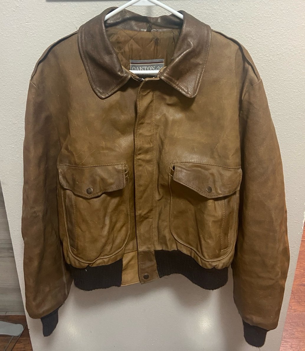 Vintage Oakton Leather Mens Bomber Jacket Brown - Size 46