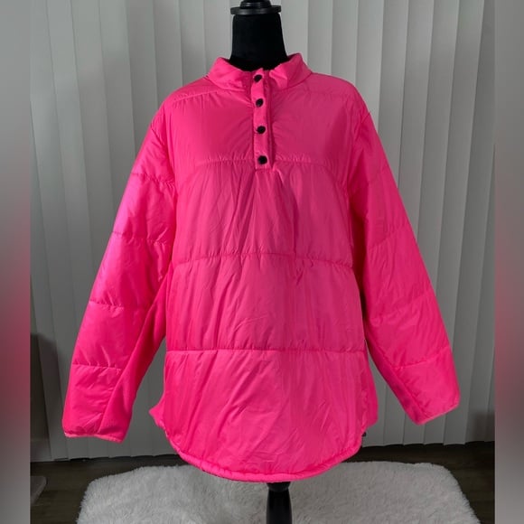 TORRID Happy Camper Pullover Puffer Jacket Windbreaker Fleece Quarter Zip Pink