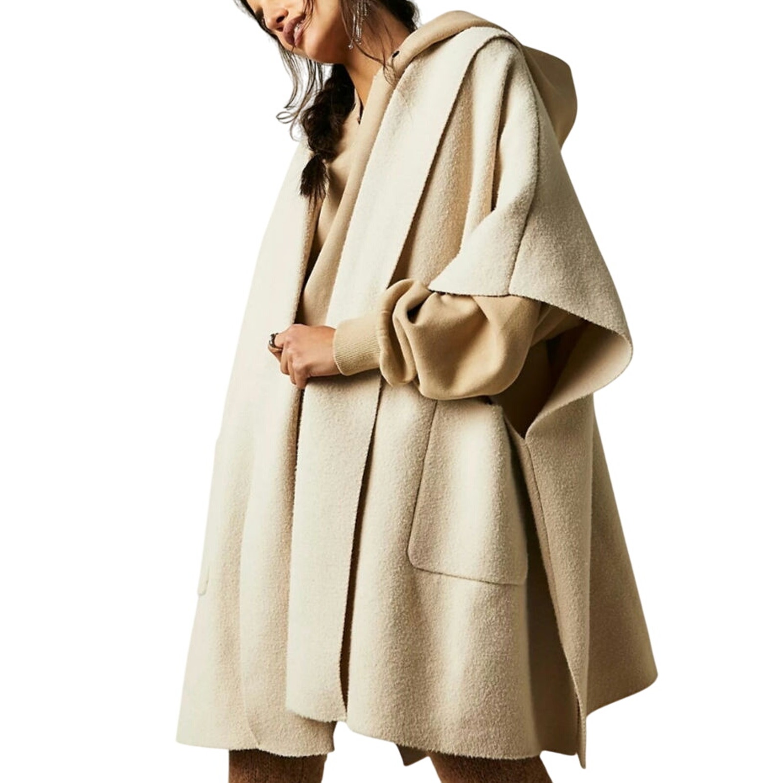 Free People Hoodie Duster Poncho Sweater Womens OS Ivory Minimalist Boho NEW