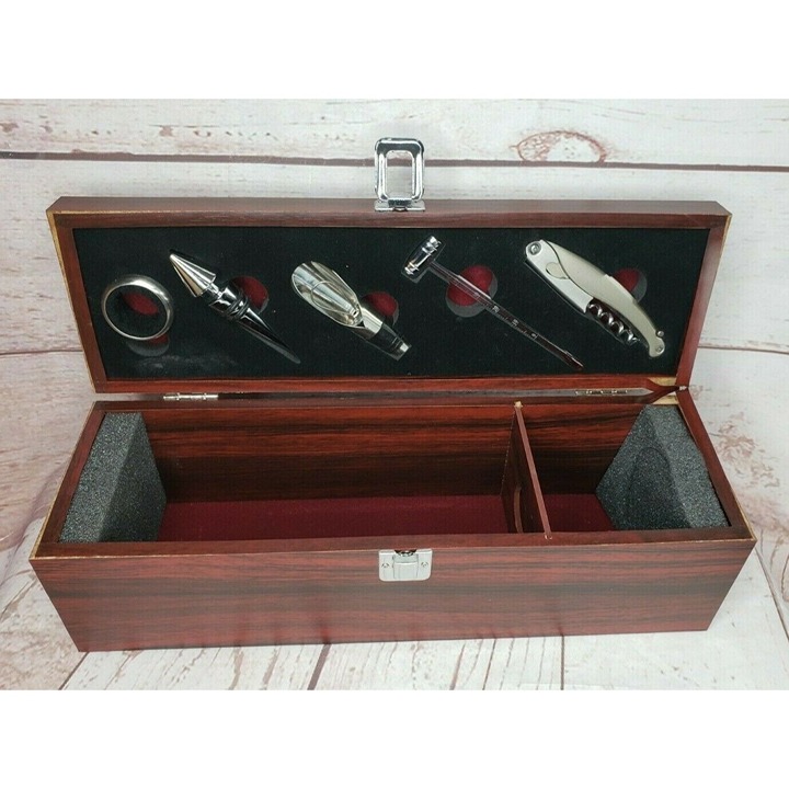 Wine Bottle Five Piece Opener Set In Dark Wood Wine Holder Case Home Décor