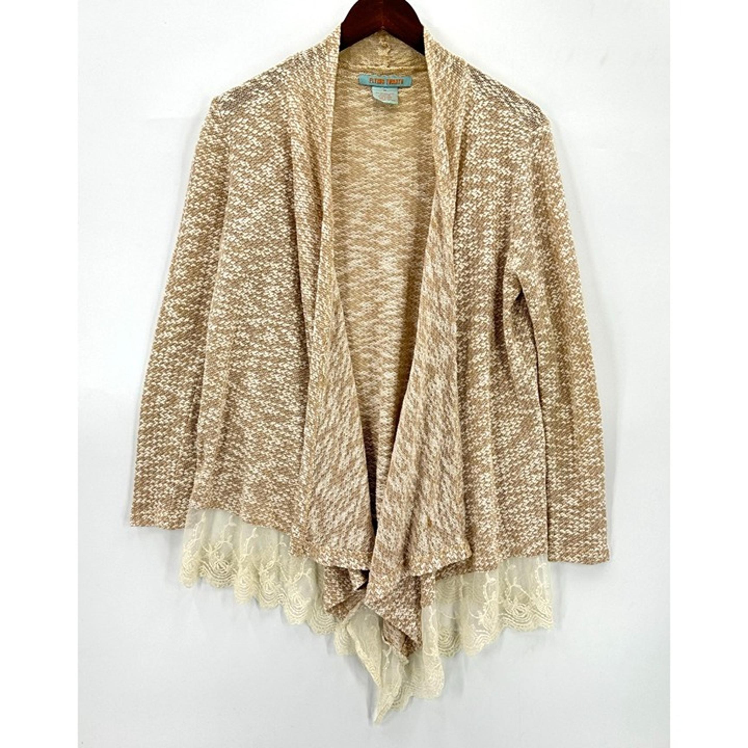 Flying Tomato Cardigan Womens Open Sweater Drape Lace Hem Beige Cream M