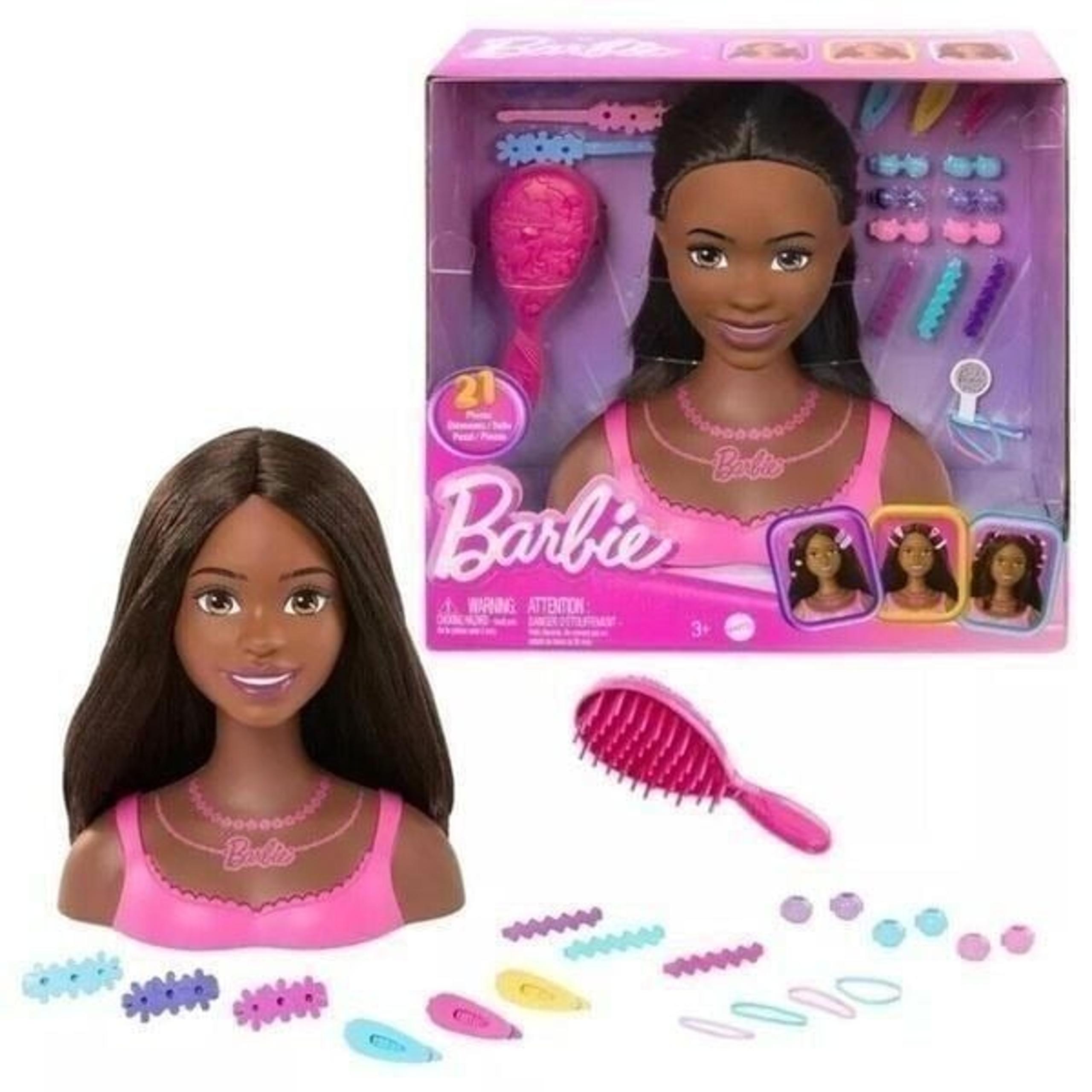 Barbie Doll Styling Head, Brown Hair with Colorful 20 Accessories- NEW