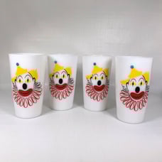 Milk Glass Circus Clown Tumblers Hazel Atlas Bozo MCM 1950s Set 4 Vintage