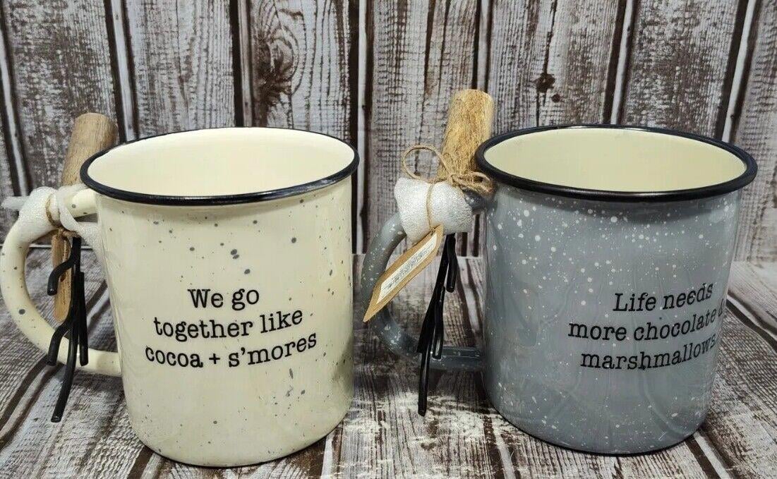 Set Of 2 MudPie Enamel Mugs With Marshmallow Forks New With Tags