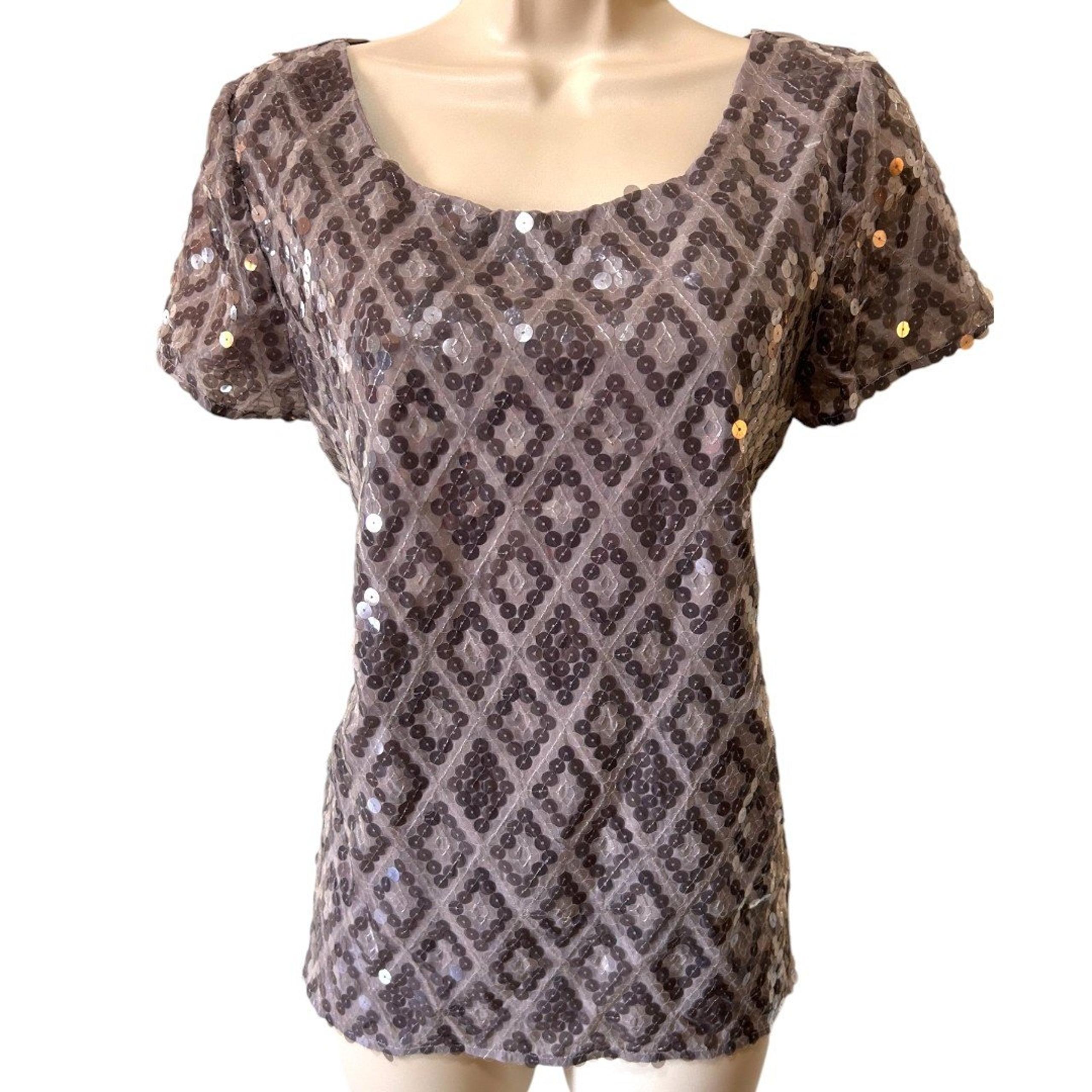 Velvet Sequin Top Diamond Pattern Party Cocktail Blouse Gray Size S