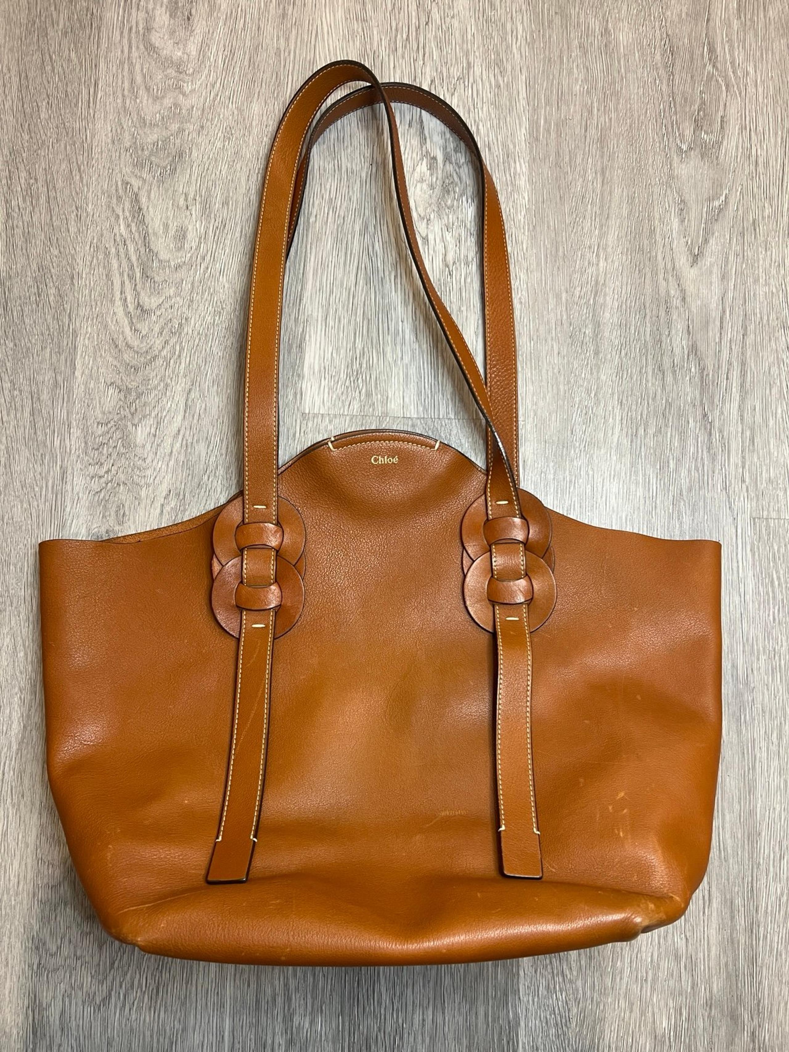 Used Chloe DARRYL Medium Tote Shoulder Bag Leather Caramel Brown With COA